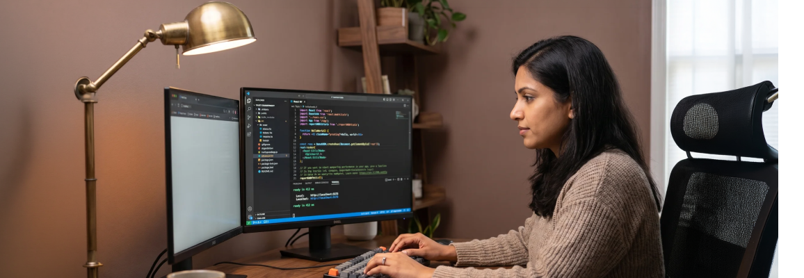 Frontend developer focused on React component code across two monitors with warm desk lamp light, side angle, no eye contact Frontend developer focused on React component code across two monitors with warm desk lamp light, side angle, no eye contact