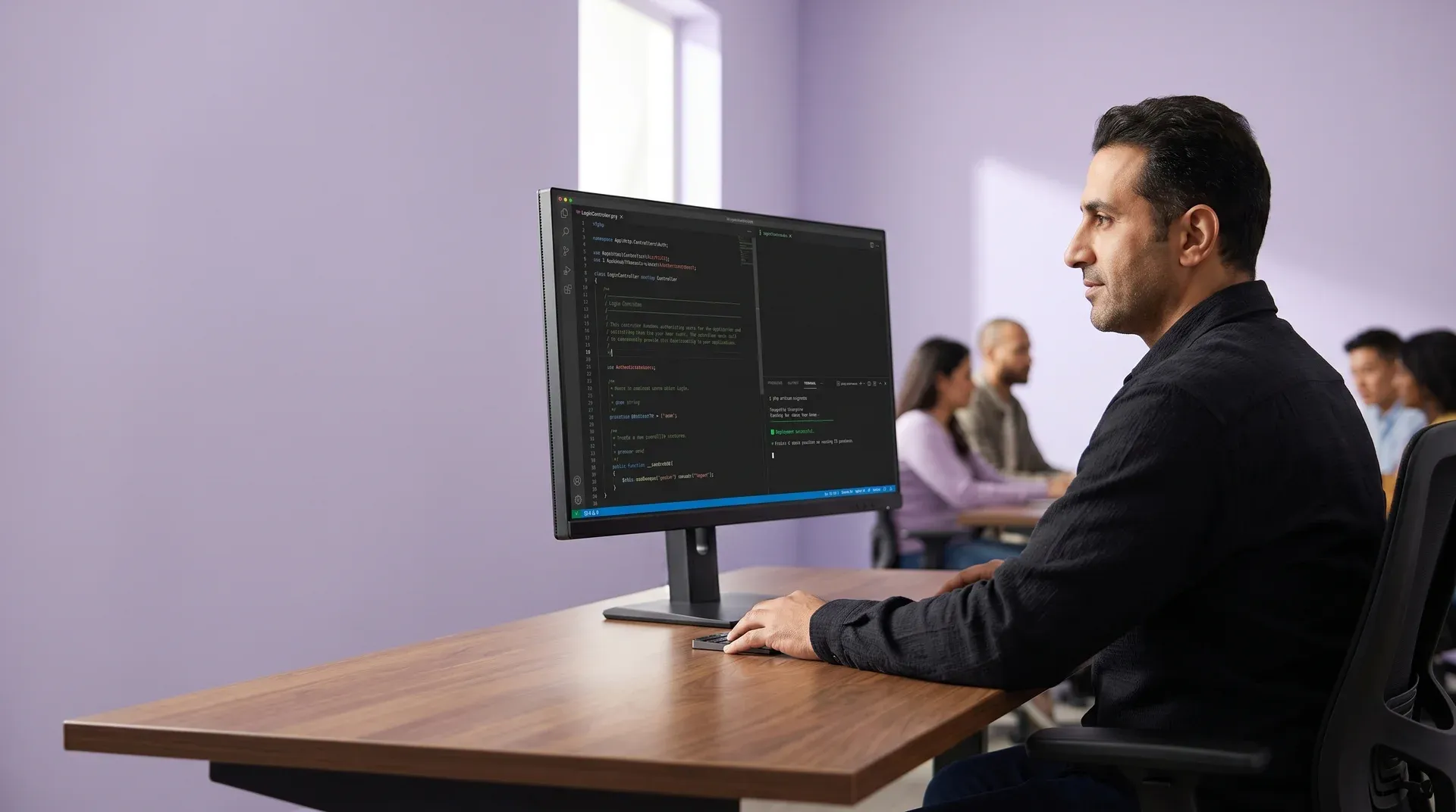 PHP developer at workstation reviewing successfully deployed Laravel application dashboard with confident expression and natural window light PHP developer at workstation reviewing successfully deployed Laravel application dashboard with confident expression and natural window light