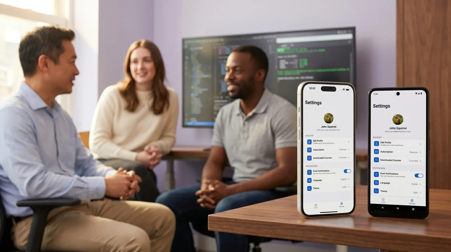 iPhone and Android phone side by side showing the same React Native app with satisfied development team in background iPhone and Android phone side by side showing the same React Native app with satisfied development team in background