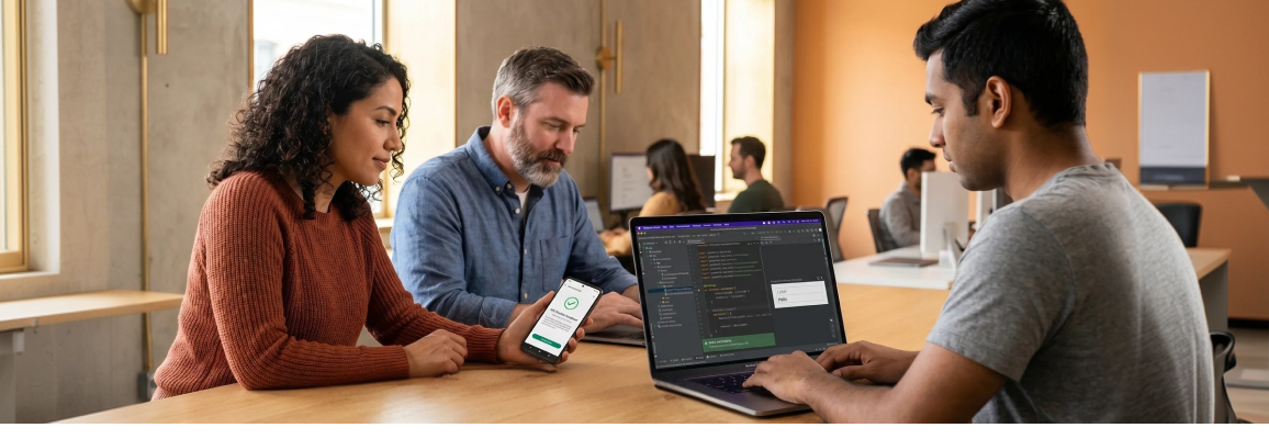 Android development team in sprint review with multiple physical devices on table, natural side lighting, work in context Android development team in sprint review with multiple physical devices on table, natural side lighting, work in context