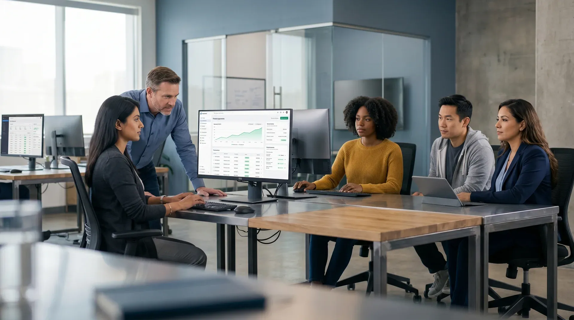 Diverse development team at multiple workstations across large open office floor with different industry software dashboards on monitors and natural morning light