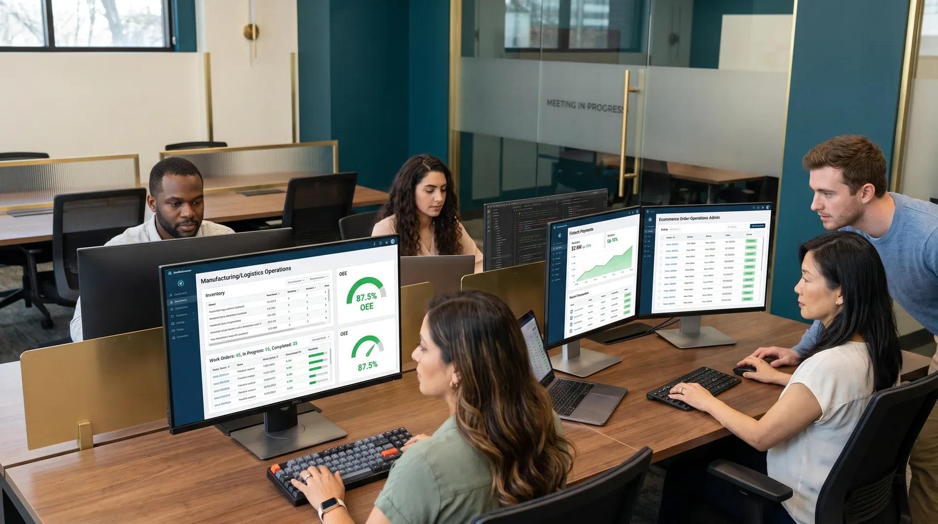 Multi-industry software development team at large collaborative workspace with multiple screens showing different sector dashboards with natural diffused light Multi-industry software development team at large collaborative workspace with multiple screens showing different sector dashboards with natural diffused light