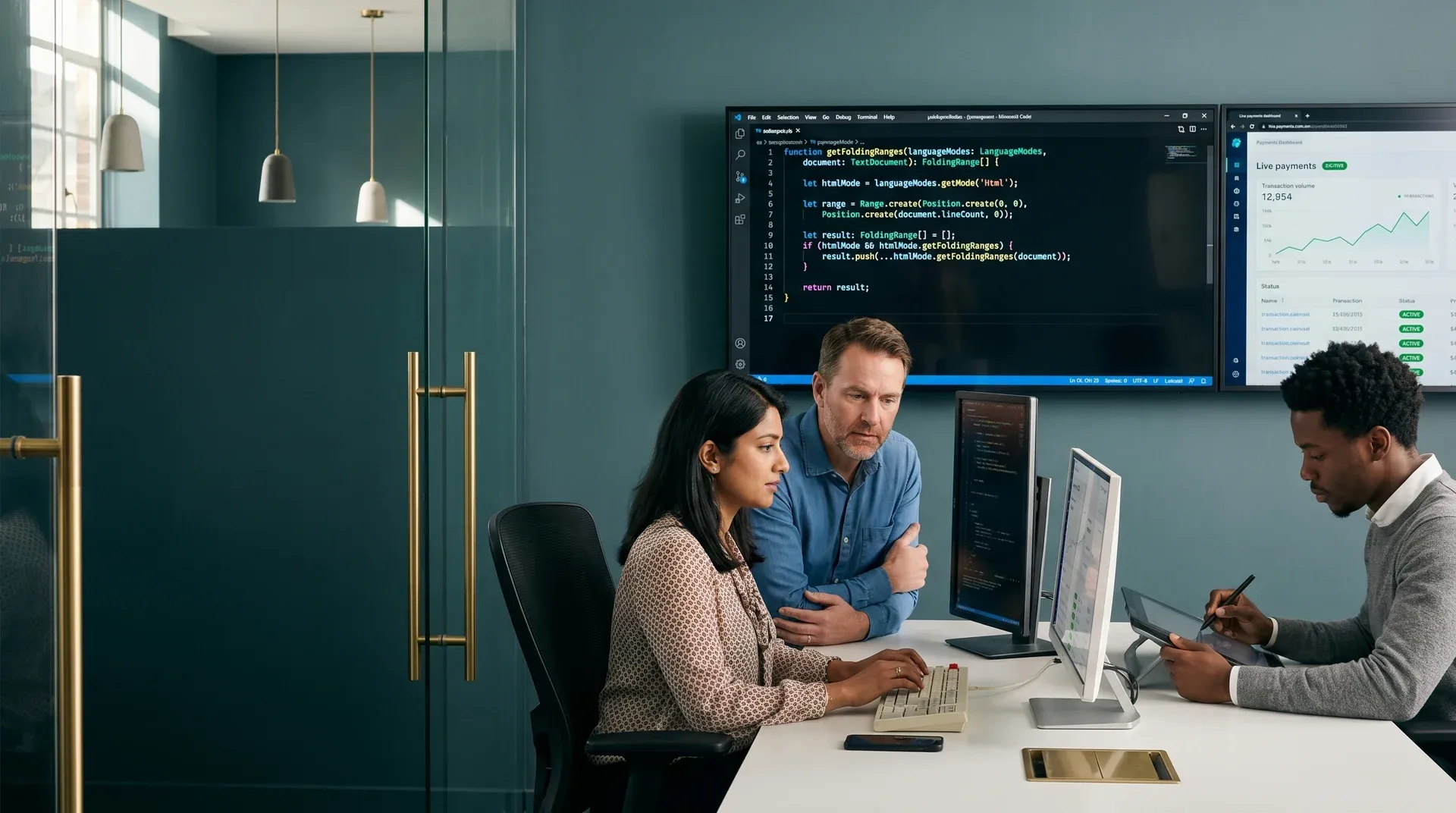 Fintech engineering team in open-plan office with large monitor wall displaying payment dashboard data, natural overhead light Fintech engineering team in open-plan office with large monitor wall displaying payment dashboard data, natural overhead light