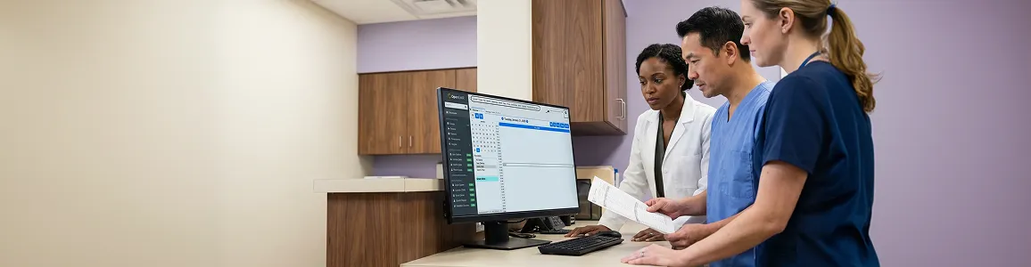 Clinical team of physicians reviewing patient management software on large hospital monitor with natural clinical lighting from side profile angle