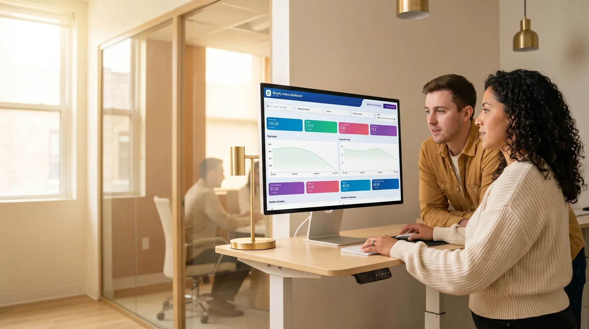 Ecommerce engineering team at standing desks reviewing online store analytics on large monitors, natural morning window light, side angle Ecommerce engineering team at standing desks reviewing online store analytics on large monitors, natural morning window light, side angle