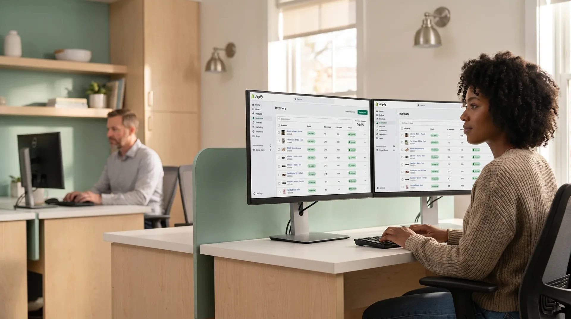 Ecommerce operations lead reviewing real-time synced inventory across multiple screens, warm afternoon light, calm focus, side angle Ecommerce operations lead reviewing real-time synced inventory across multiple screens, warm afternoon light, calm focus, side angle