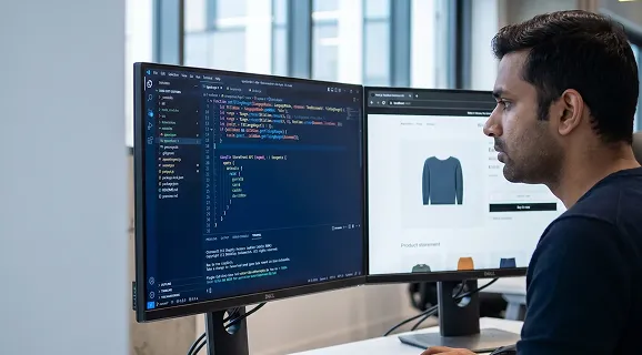 Frontend developer reviewing headless Next.js storefront on two monitors, natural office light, side angle, focused work Frontend developer reviewing headless Next.js storefront on two monitors, natural office light, side angle, focused work