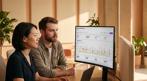 Ecommerce conversion team reviewing A/B test results and conversion rate optimization dashboard on screens, warm natural office light, collaborative focus Ecommerce conversion team reviewing A/B test results and conversion rate optimization dashboard on screens, warm natural office light, collaborative focus