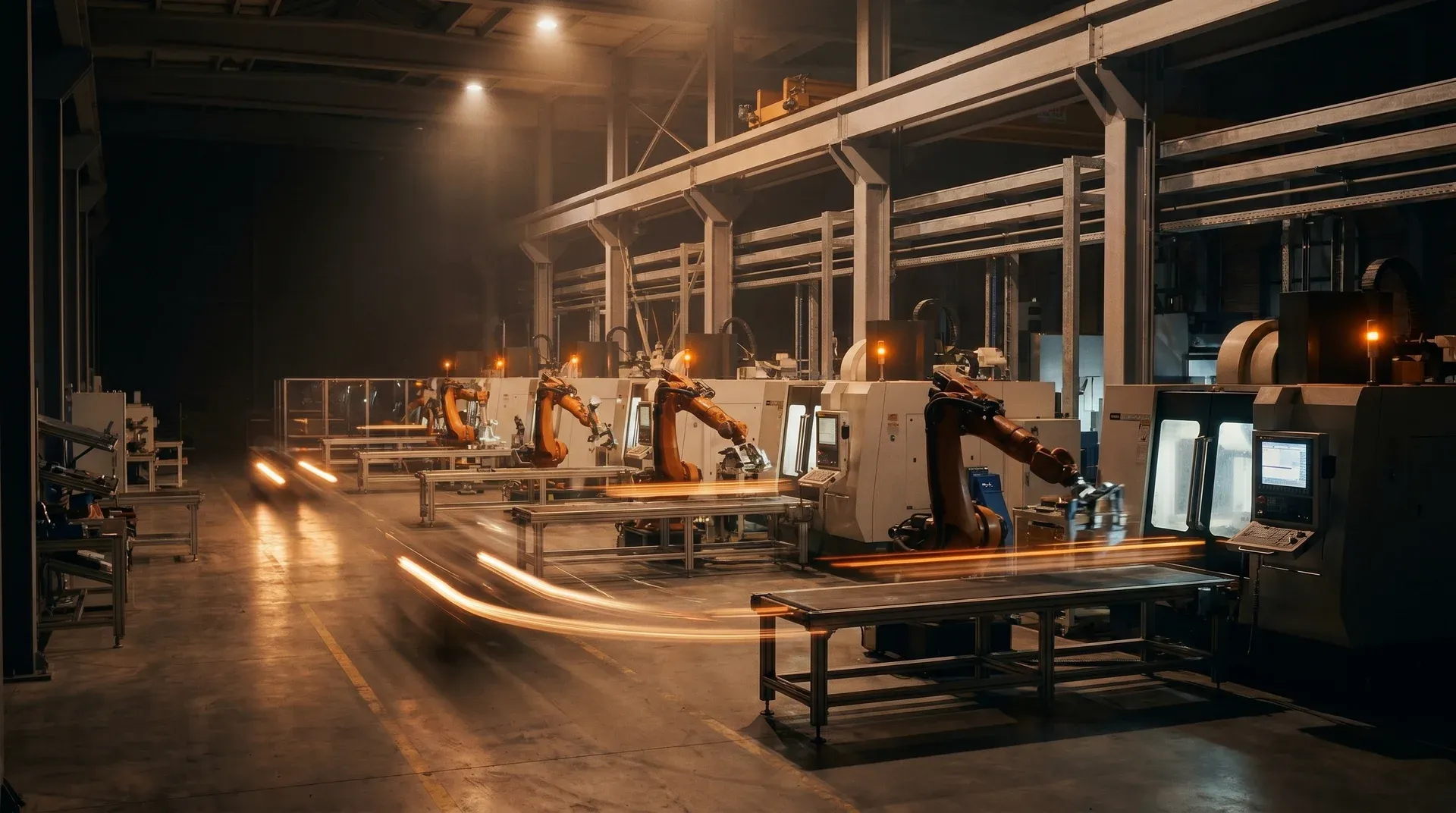 Modern manufacturing factory floor at night showing rows of industrial machinery with glowing amber indicator lights and dramatic scale of automated production lines Modern manufacturing factory floor at night showing rows of industrial machinery with glowing amber indicator lights and dramatic scale of automated production lines