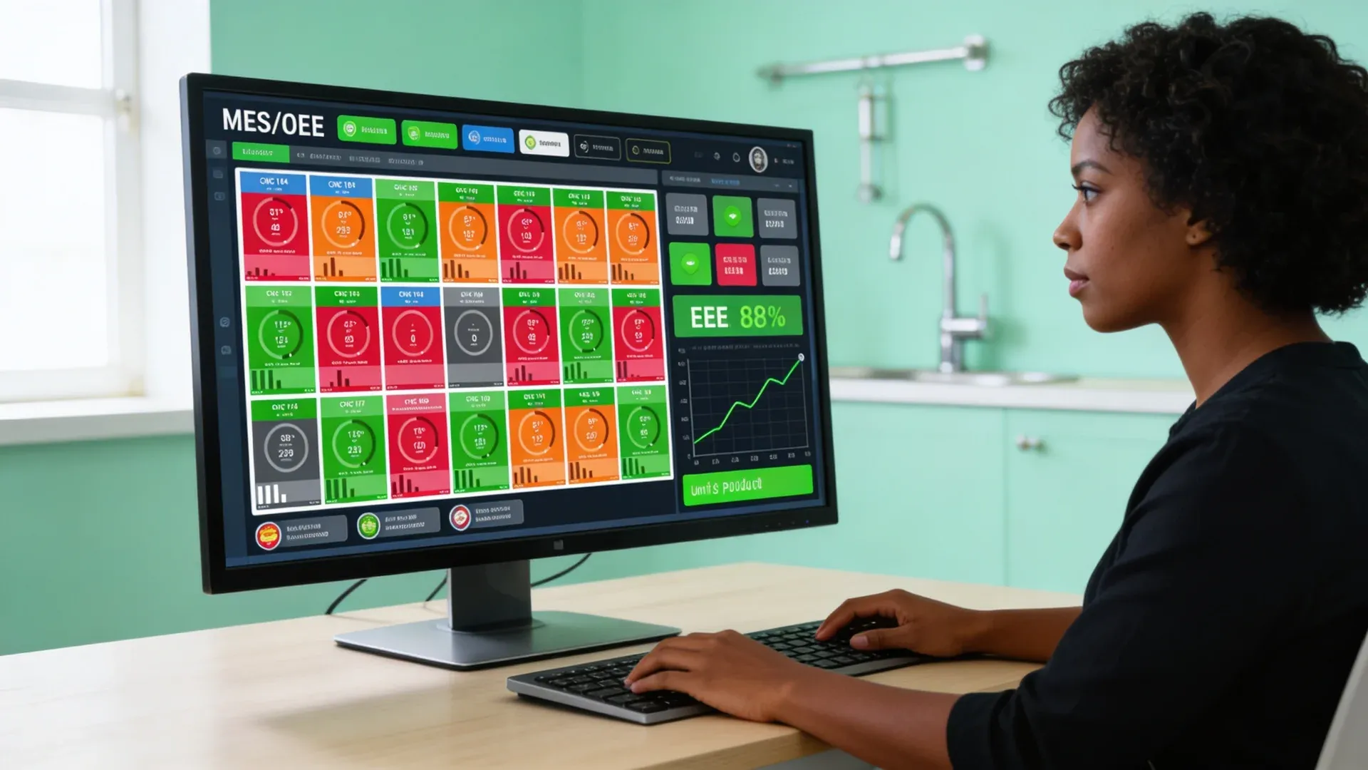 Manufacturing operations manager reviewing a unified real-time MES production dashboard with healthy green KPIs on a clean workstation in a bright factory office Manufacturing operations manager reviewing a unified real-time MES production dashboard with healthy green KPIs on a clean workstation in a bright factory office