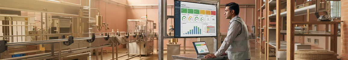Manufacturing engineer in safety vest reviewing integrated MES platform on large monitor near active production line with ambient factory and fluorescent overhead lighting Manufacturing engineer in safety vest reviewing integrated MES platform on large monitor near active production line with ambient factory and fluorescent overhead lighting