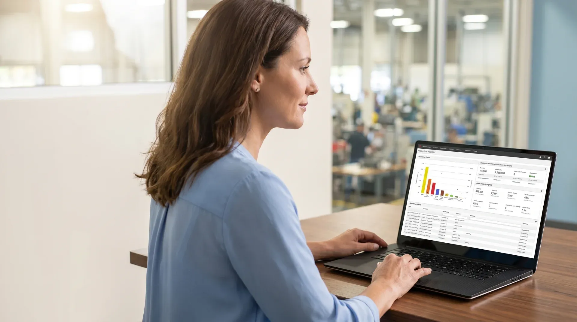 Manufacturing manager reviewing real-time production and inventory data on integrated ERP interface with natural office light and over-shoulder perspective showing live data Manufacturing manager reviewing real-time production and inventory data on integrated ERP interface with natural office light and over-shoulder perspective showing live data
