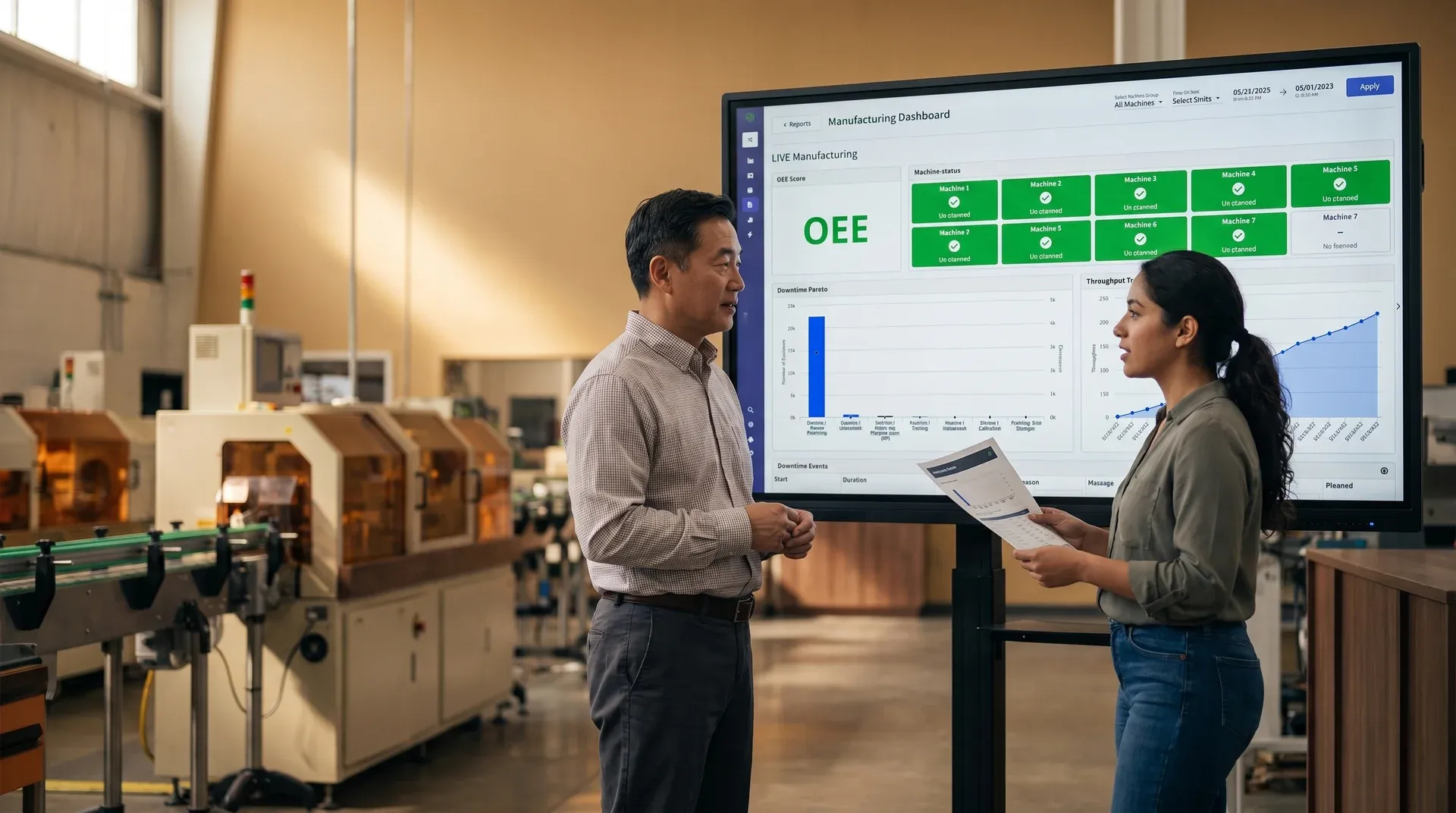 Plant manager and software engineer reviewing live OEE manufacturing dashboard together at large floor-mounted monitor near production lines with industrial ambient lighting