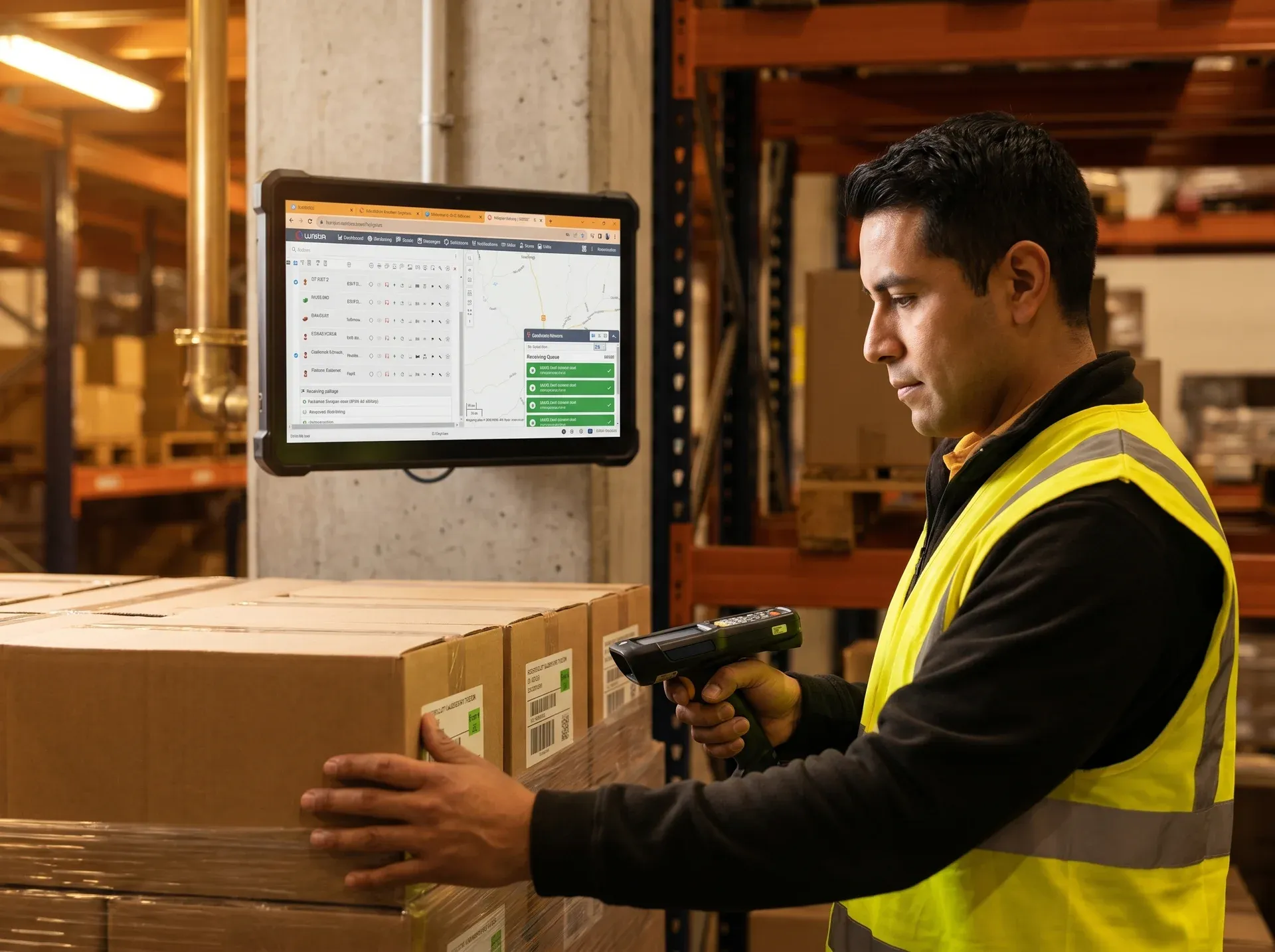 Warehouse worker scanning incoming freight barcode with handheld scanner beside a live warehouse management system screen, warm industrial light, focused work Warehouse worker scanning incoming freight barcode with handheld scanner beside a live warehouse management system screen, warm industrial light, focused work