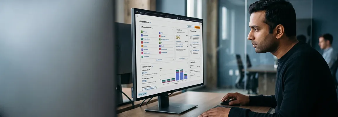 Developer focused on large monitor displaying AWS cloud architecture console, screen glow, side-angle, deep concentration Developer focused on large monitor displaying AWS cloud architecture console, screen glow, side-angle, deep concentration