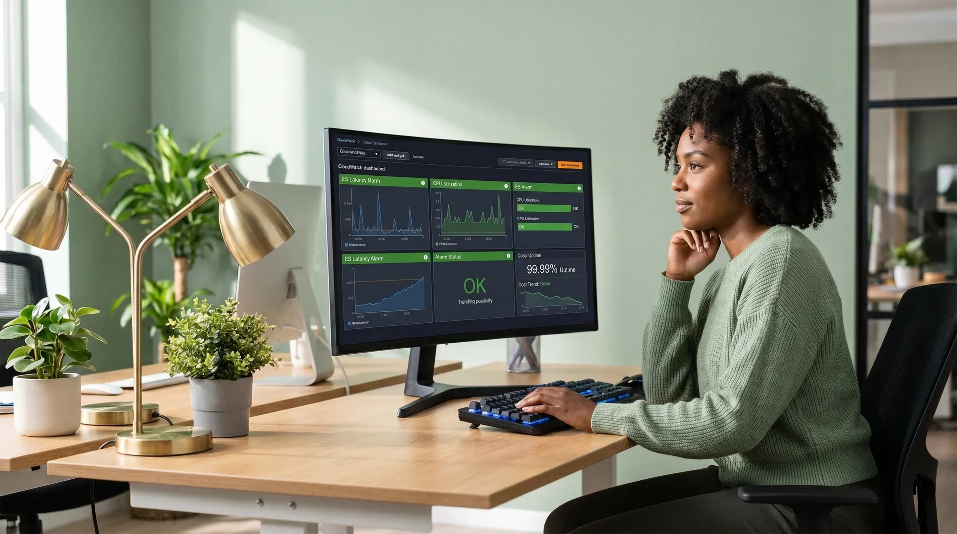 AWS DevOps engineer at a calm bright workspace reviewing a healthy all-green Amazon CloudWatch dashboard with 99.99% uptime, scalable AWS infrastructure resolved AWS DevOps engineer at a calm bright workspace reviewing a healthy all-green Amazon CloudWatch dashboard with 99.99% uptime, scalable AWS infrastructure resolved