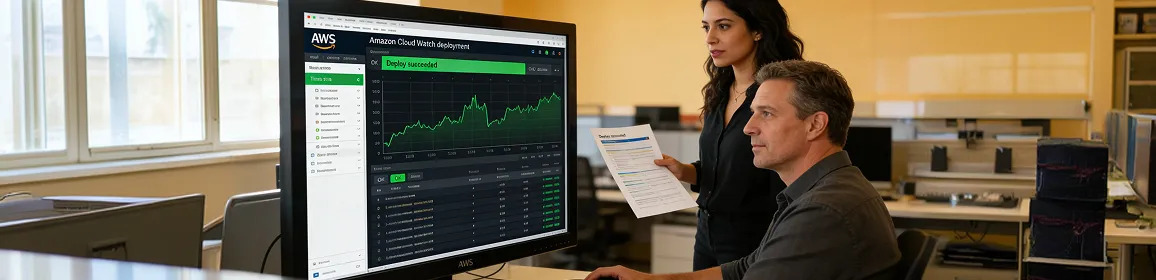 Development team watching AWS deployment pipeline complete with all-green status indicators, relief and focus visible on faces Development team watching AWS deployment pipeline complete with all-green status indicators, relief and focus visible on faces