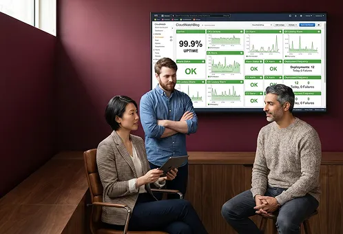 Development team reviewing successful deployment metrics on large wall dashboard, all-green uptime indicators, relaxed confidence, natural light