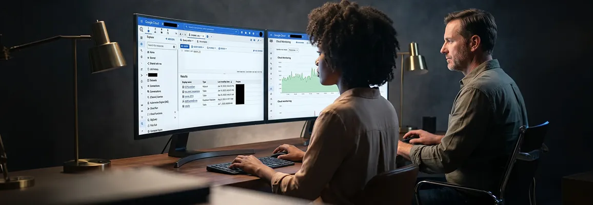 Cloud engineers reviewing GCP infrastructure console on large monitors, screen glow in dark studio environment, side profiles, genuine work focus Cloud engineers reviewing GCP infrastructure console on large monitors, screen glow in dark studio environment, side profiles, genuine work focus