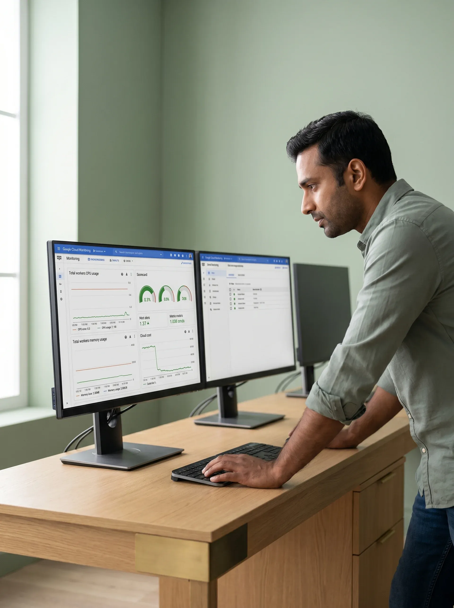 Cloud engineer reviewing healthy green GCP Cloud Monitoring dashboard with cost under control, natural window light, calm focused expression, side angle Cloud engineer reviewing healthy green GCP Cloud Monitoring dashboard with cost under control, natural window light, calm focused expression, side angle