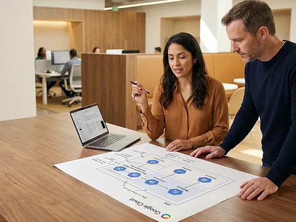 Two cloud architects reviewing a printed Google Cloud architecture migration diagram on a table, overhead natural light, collaborative focus, no eye contact with camera Two cloud architects reviewing a printed Google Cloud architecture migration diagram on a table, overhead natural light, collaborative focus, no eye contact with camera