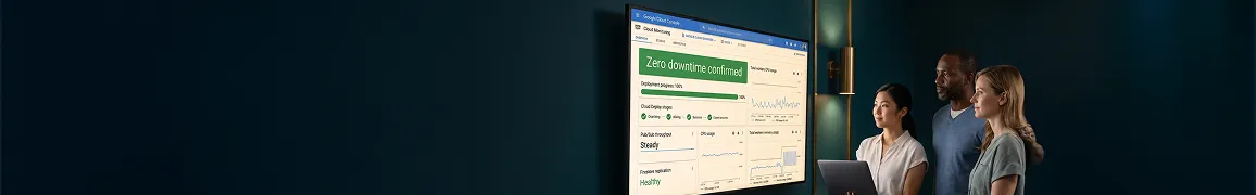 Operations team watching zero-downtime migration dashboard complete and go green, screen glow dominant, calm focused relief, late night Operations team watching zero-downtime migration dashboard complete and go green, screen glow dominant, calm focused relief, late night