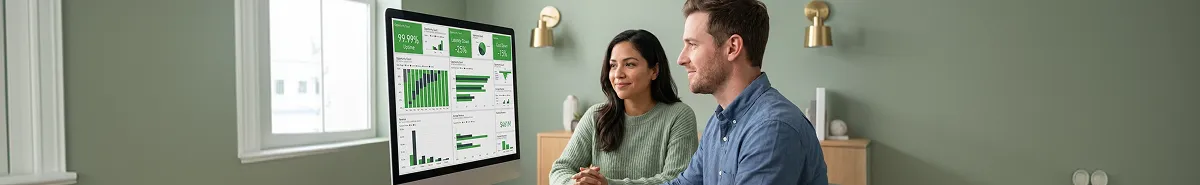 Product and engineering leads reviewing a healthy green uptime monitoring dashboard after a successful cloud migration Product and engineering leads reviewing a healthy green uptime monitoring dashboard after a successful cloud migration