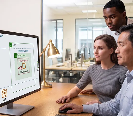 Senior migration consultant and client reviewing a current-system architecture map together at a desk Senior migration consultant and client reviewing a current-system architecture map together at a desk