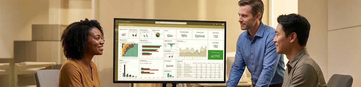 Operations team gathered around a new ERP dashboard showing clean production data with a green go-live status Operations team gathered around a new ERP dashboard showing clean production data with a green go-live status
