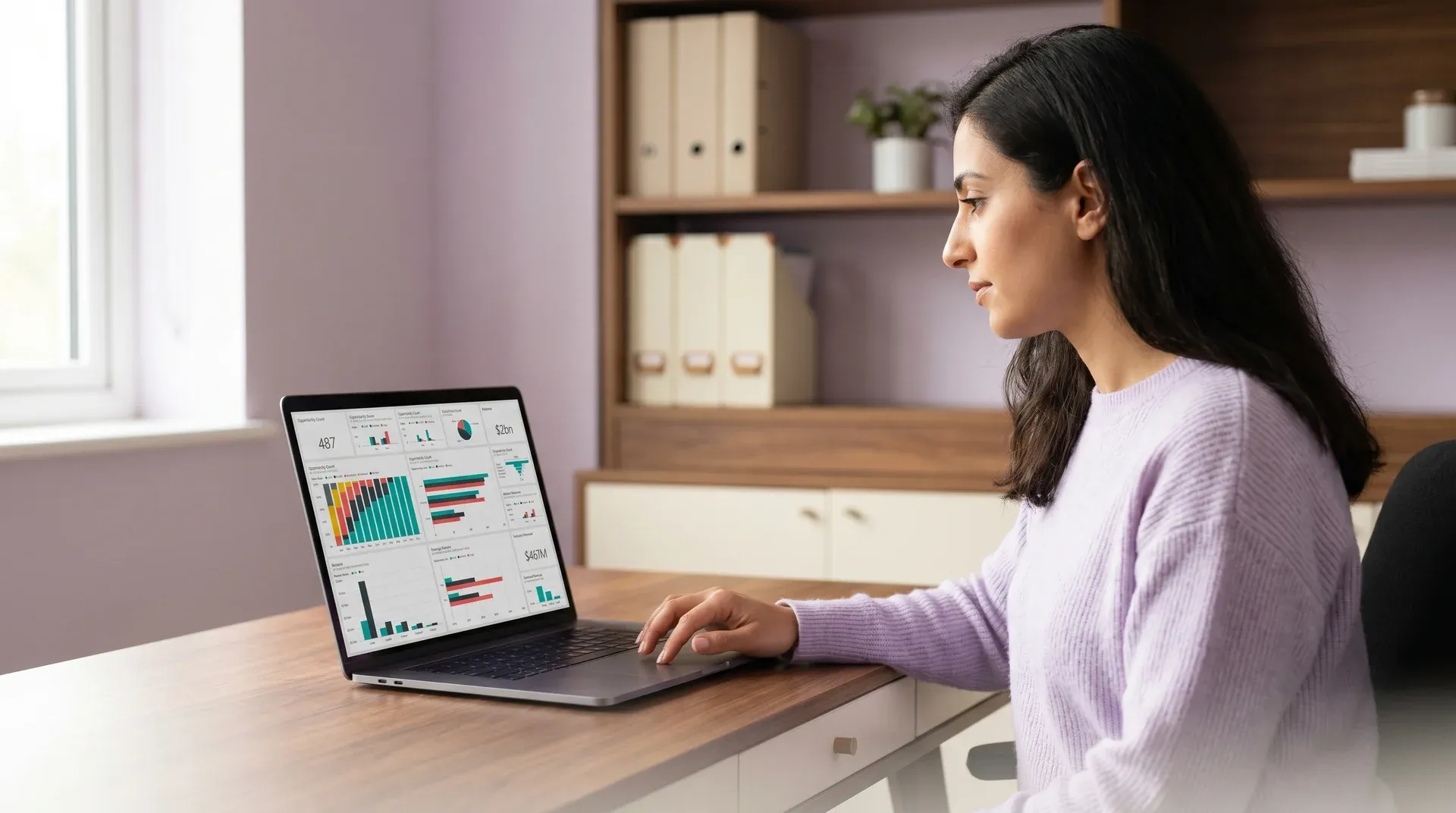 Operations lead at a clean desk reviewing a new software dashboard on a laptop with clean inventory and reporting data