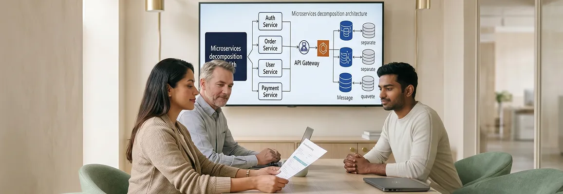 Diverse engineering team in side profile reviewing a microservices decomposition architecture diagram on a large monitor in a modern studio, cool slate-blue tones, natural overhead light Diverse engineering team in side profile reviewing a microservices decomposition architecture diagram on a large monitor in a modern studio, cool slate-blue tones, natural overhead light