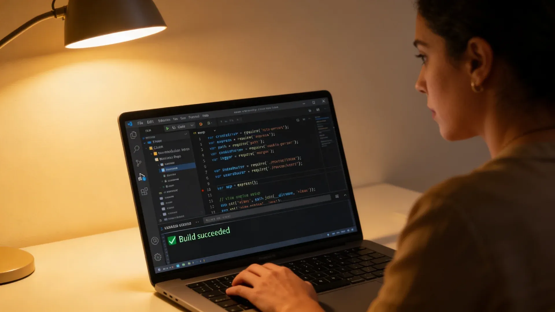 Calm Latina engineer at a laptop showing a clean modular VS Code codebase with a green passing build in the terminal, warm amber evening office light, side angle Calm Latina engineer at a laptop showing a clean modular VS Code codebase with a green passing build in the terminal, warm amber evening office light, side angle