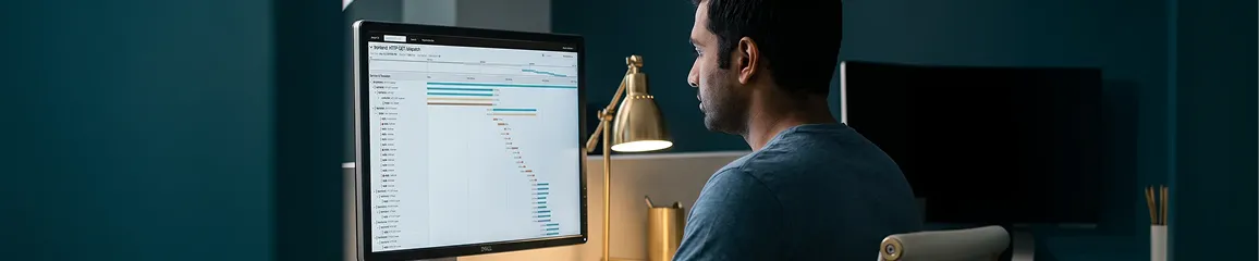 Calm South Asian backend engineer reviewing a distributed tracing dashboard of microservice spans after migration on a monitor, deep teal and brass tones, side angle Calm South Asian backend engineer reviewing a distributed tracing dashboard of microservice spans after migration on a monitor, deep teal and brass tones, side angle