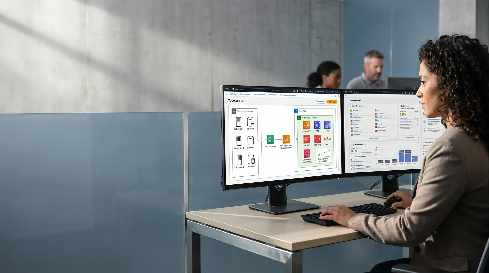 Cloud infrastructure architect reviewing an AWS and Azure on-premise-to-cloud migration topology and architecture diagram on dual monitors in soft morning side light Cloud infrastructure architect reviewing an AWS and Azure on-premise-to-cloud migration topology and architecture diagram on dual monitors in soft morning side light