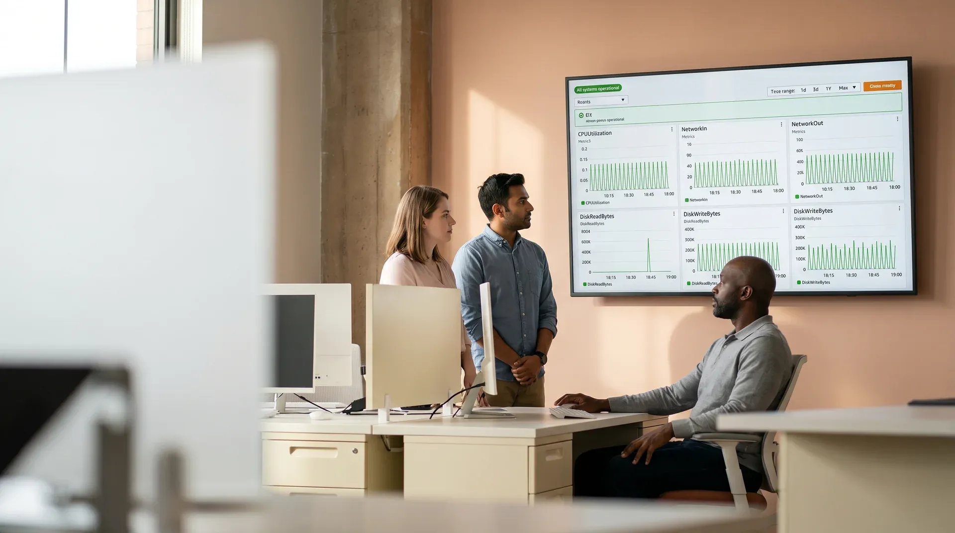 IT and cloud team reviewing an all-green CloudWatch monitoring dashboard showing every workload running in the cloud after migration in soft office light
