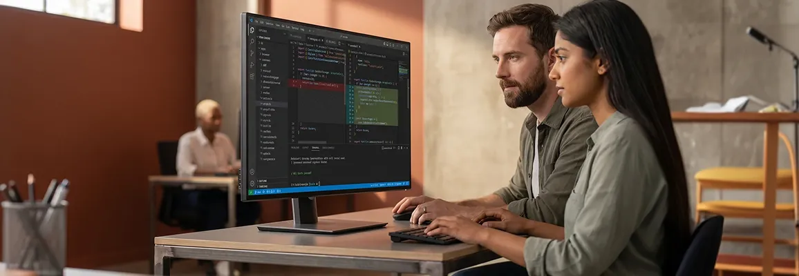 Two developers refactoring legacy application code into a modern stack in VS Code with a green all-tests-passing terminal in soft afternoon light Two developers refactoring legacy application code into a modern stack in VS Code with a green all-tests-passing terminal in soft afternoon light