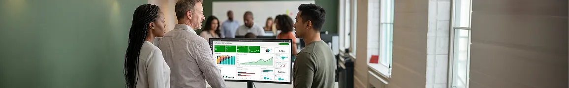 Operations team reviewing the updated, healthy ERP analytics dashboard on a large monitor after the legacy rescue in bright overhead light Operations team reviewing the updated, healthy ERP analytics dashboard on a large monitor after the legacy rescue in bright overhead light