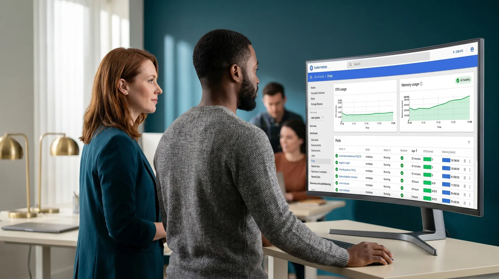 Product manager and lead engineer reviewing an all-green AWS EKS Kubernetes monitoring dashboard after migration in soft office light Product manager and lead engineer reviewing an all-green AWS EKS Kubernetes monitoring dashboard after migration in soft office light