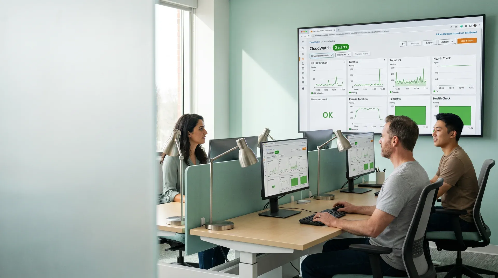 Cloud infrastructure team reviewing an all-green AWS CloudWatch dashboard with zero alerts after migration in soft office window light