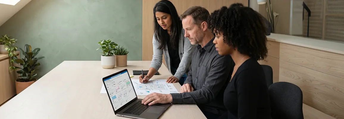 IT team at a desk reviewing an Azure migration architecture diagram beside a laptop showing the Azure Portal with an all-green Azure DevOps pipeline, soft overhead office light IT team at a desk reviewing an Azure migration architecture diagram beside a laptop showing the Azure Portal with an all-green Azure DevOps pipeline, soft overhead office light