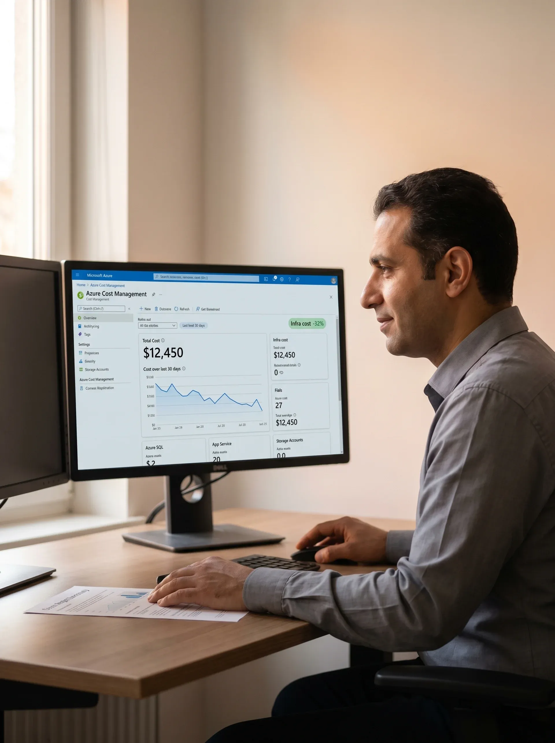 IT manager at a desk calmly reviewing an Azure Cost Management report showing infrastructure costs trending down after migration, warm window light, side profile IT manager at a desk calmly reviewing an Azure Cost Management report showing infrastructure costs trending down after migration, warm window light, side profile