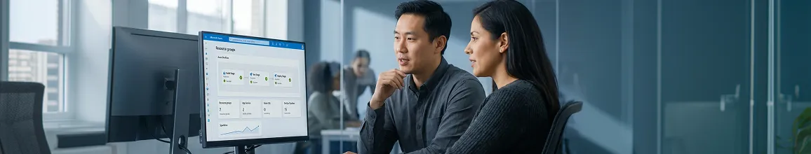 Two cloud architects at a desk reviewing Azure Portal resource groups and a green Azure DevOps pipeline on a monitor, afternoon office light, side angle