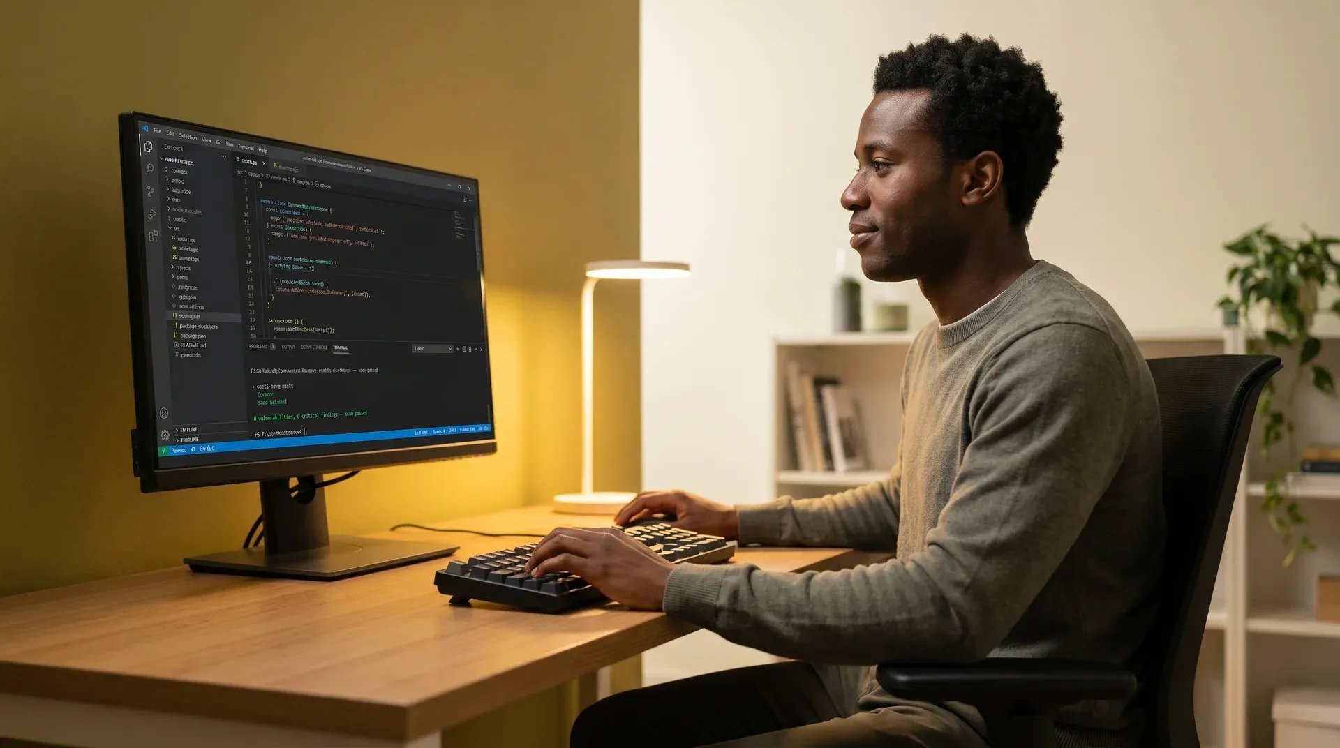 Developer working calmly at a desk with VS Code showing a clean static-analysis scan that passed after the audit, warm desk-lamp light, side profile Developer working calmly at a desk with VS Code showing a clean static-analysis scan that passed after the audit, warm desk-lamp light, side profile