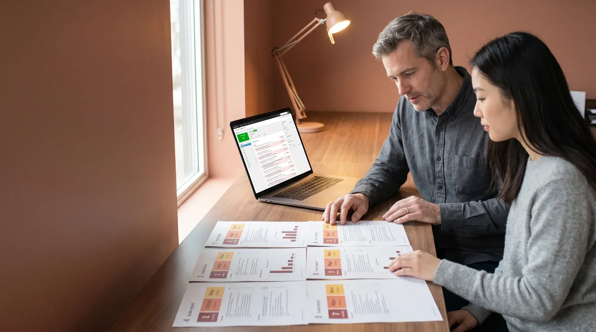Two developers at a desk reviewing a multi-page printed software audit report beside a laptop showing SonarQube findings with a passed quality gate, natural directional light Two developers at a desk reviewing a multi-page printed software audit report beside a laptop showing SonarQube findings with a passed quality gate, natural directional light