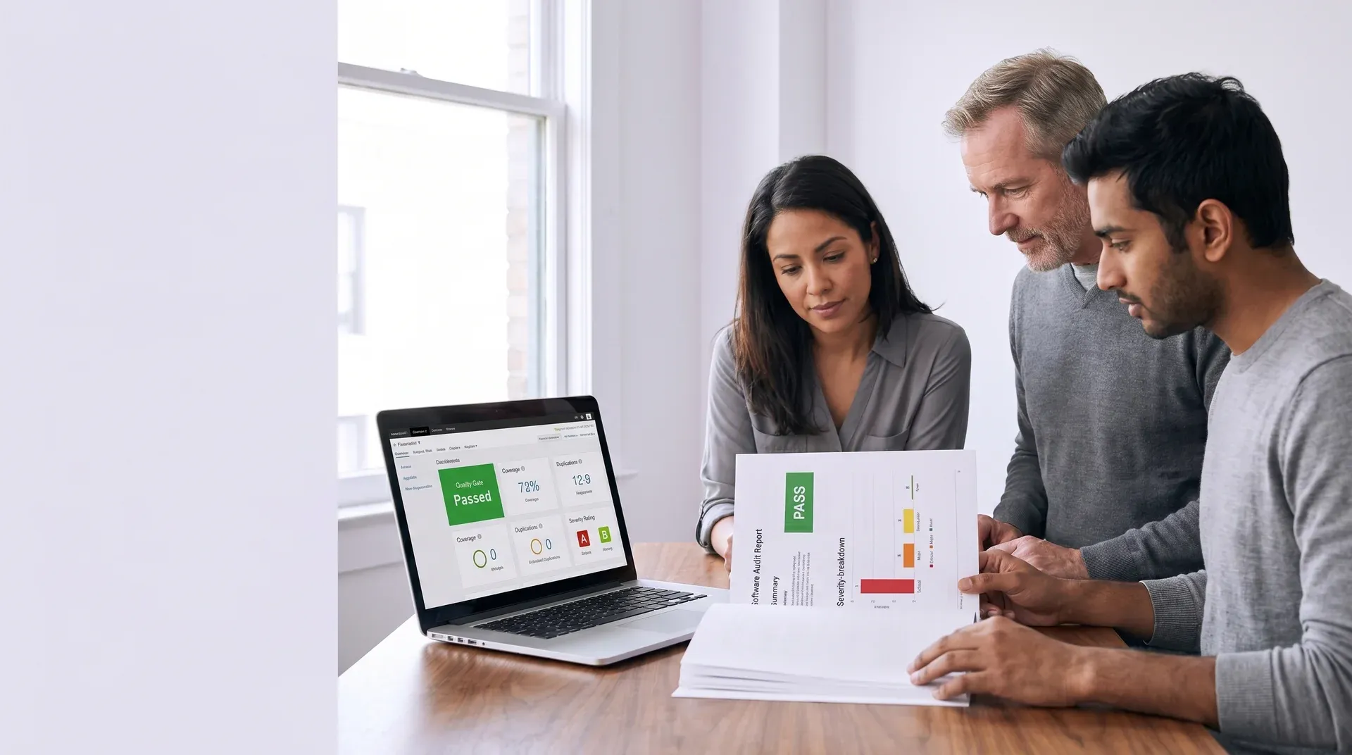Engineering team reviewing the severity-breakdown summary page of a software audit report beside a laptop showing a SonarQube overview with a passed quality gate, bright window light