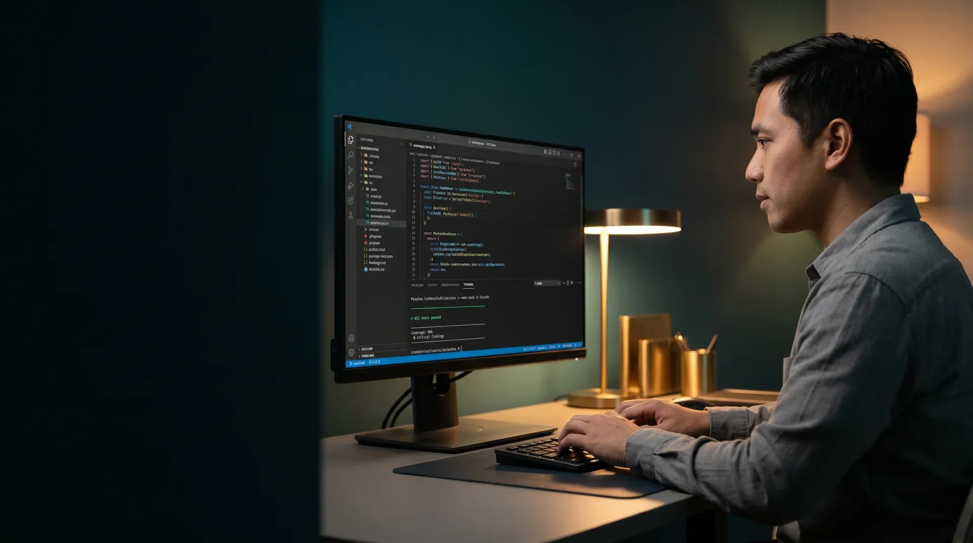 Developer working calmly at a desk with VS Code showing an all-tests-passed green terminal run after the code audit, warm desk-lamp light and gentle screen glow, back-angle profile Developer working calmly at a desk with VS Code showing an all-tests-passed green terminal run after the code audit, warm desk-lamp light and gentle screen glow, back-angle profile
