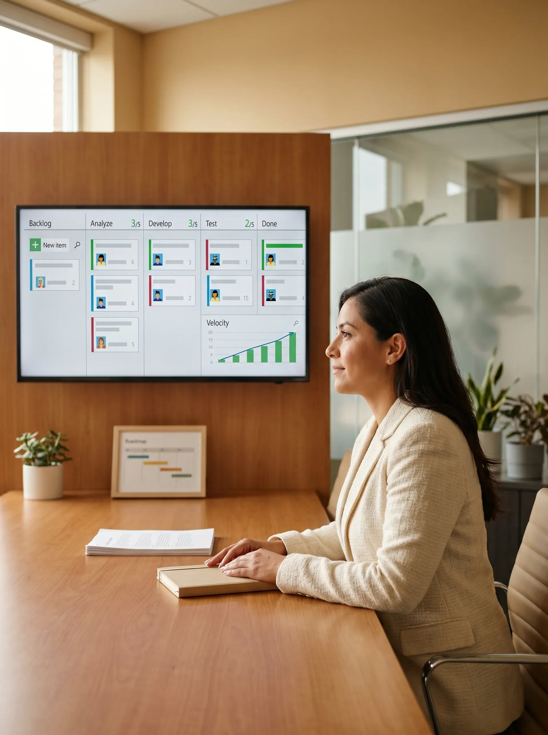 Product director sitting calm and in control at a tidy conference table with the right team structure, a clean well-organised delivery board with a healthy green Done column on screen, natural conference room light Product director sitting calm and in control at a tidy conference table with the right team structure, a clean well-organised delivery board with a healthy green Done column on screen, natural conference room light