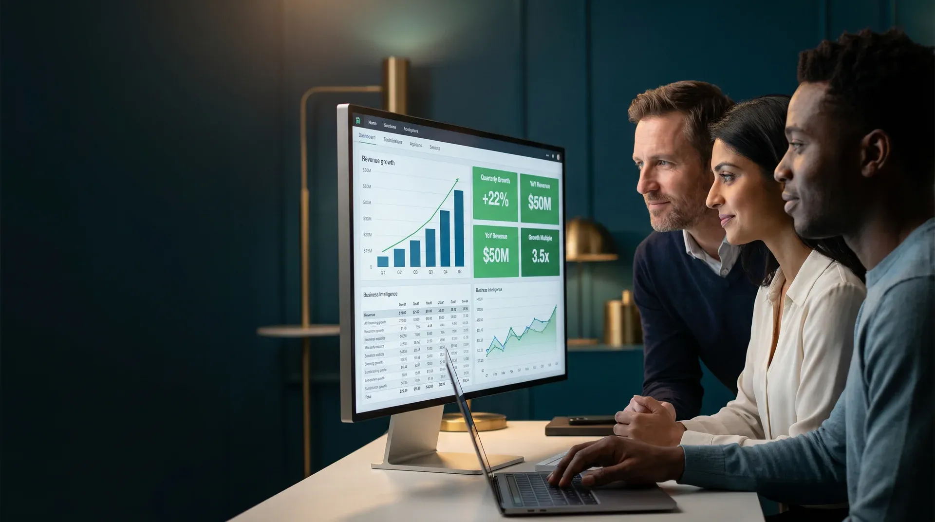 Small leadership team reviewing a revenue growth dashboard with an upward trend and healthy green KPIs on a large monitor in a screen-lit studio, satisfied and focused Small leadership team reviewing a revenue growth dashboard with an upward trend and healthy green KPIs on a large monitor in a screen-lit studio, satisfied and focused