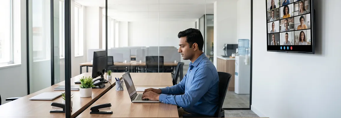 Distributed engineering team in a morning video standup, remote teammates visible in a grid on a wall screen while a developer reviews code in a VS Code dark IDE on a laptop, natural morning office light Distributed engineering team in a morning video standup, remote teammates visible in a grid on a wall screen while a developer reviews code in a VS Code dark IDE on a laptop, natural morning office light