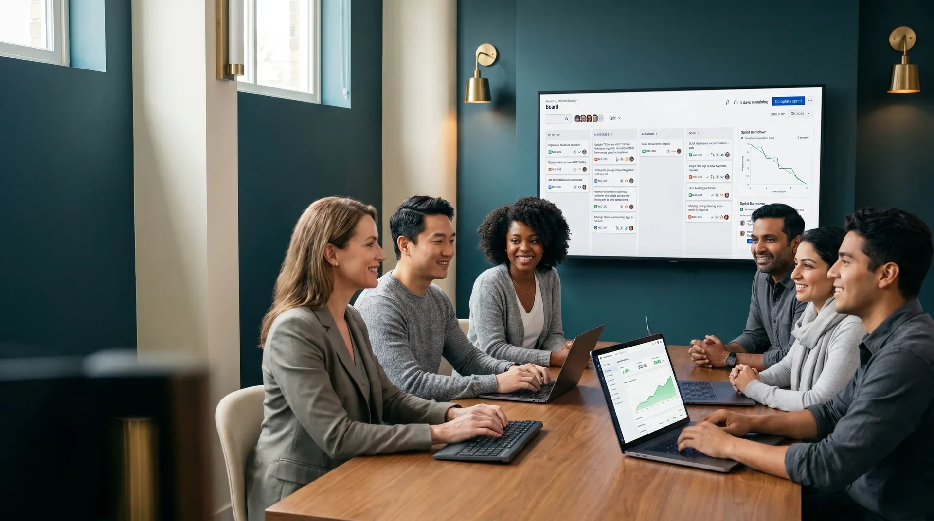 Dedicated engineering team in a relaxed end-of-sprint review around a wall monitor showing a completed Jira sprint board and an analytics dashboard trending up, under natural office daylight, above-and-side wide shot